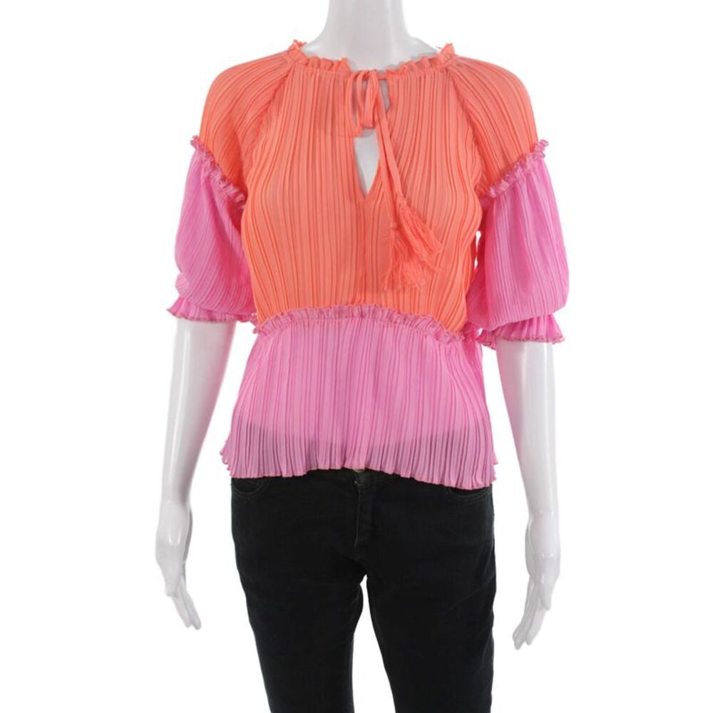 Decker Women Orange Striped 3/4 Sleeve Blouse Drawstring Polyester Size S
